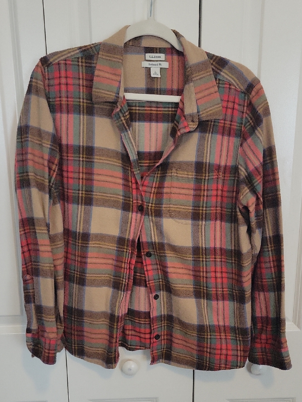 L.L. Bean Tan Plaid Flannel Shirt with Red and Olive Accents